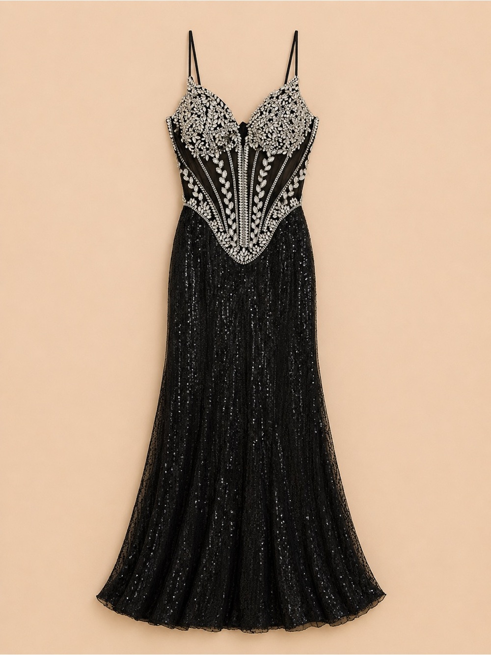 Black Embellished Evening Gown with Silver Beaded Detail